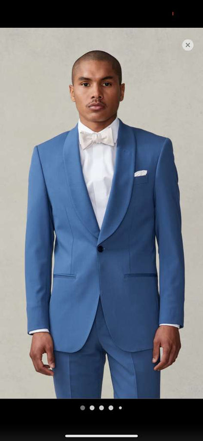 Men's Sky Blue Tuxedo Suit with Shawl Lapel, Formal Wedding and Prom Dinner Jacket Set - Steel Blue Color - Image 3