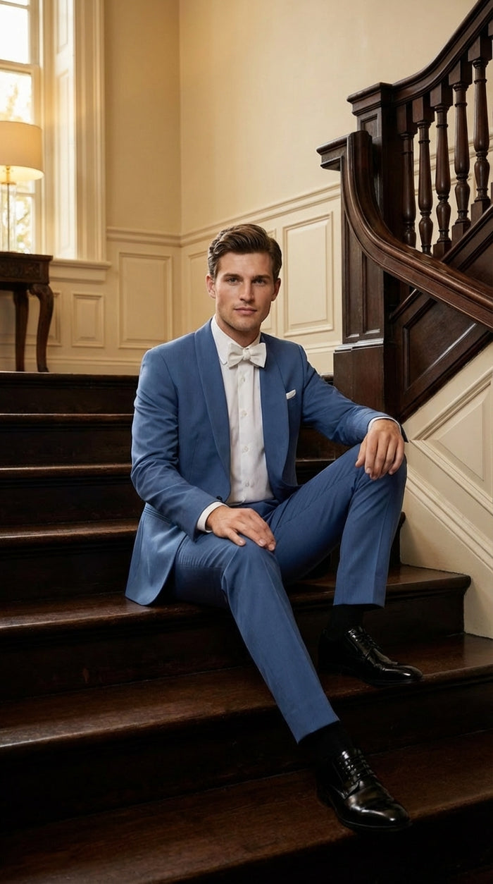 Men's Sky Blue Tuxedo Suit with Shawl Lapel, Formal Wedding and Prom Dinner Jacket Set - Steel Blue Color - Image 11