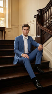 Men's Sky Blue Tuxedo Suit with Shawl Lapel, Formal Wedding and Prom Dinner Jacket Set - Steel Blue Color