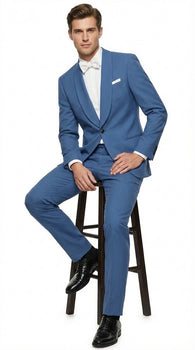 Men's Sky Blue Tuxedo Suit with Shawl Lapel, Formal Wedding and Prom Dinner Jacket Set - Steel Blue Color - Image 4