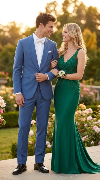Men's Sky Blue Tuxedo Suit with Shawl Lapel, Formal Wedding and Prom Dinner Jacket Set - Steel Blue Color - Image 7