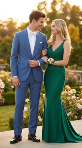 Men's Sky Blue Tuxedo Suit with Shawl Lapel, Formal Wedding and Prom Dinner Jacket Set - Steel Blue Color