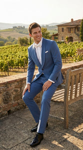 Men's Sky Blue Tuxedo Suit with Shawl Lapel, Formal Wedding and Prom Dinner Jacket Set - Steel Blue Color