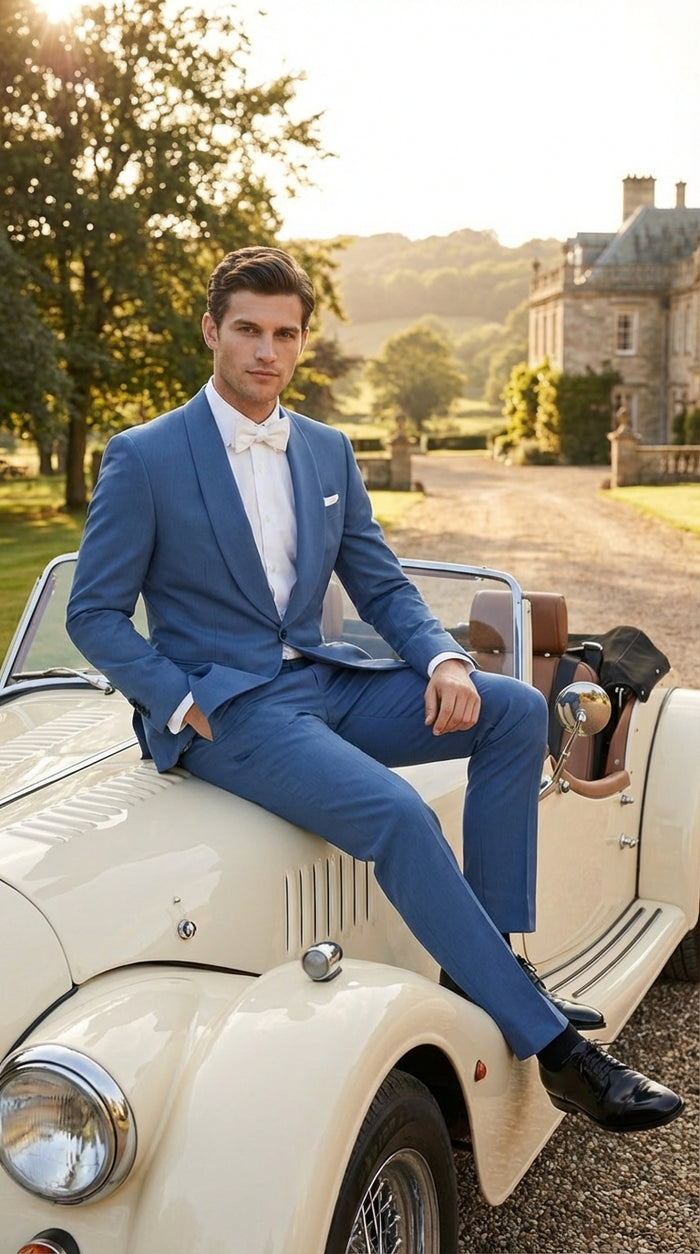 Men's Sky Blue Tuxedo Suit with Shawl Lapel, Formal Wedding and Prom Dinner Jacket Set - Steel Blue Color - Image 8