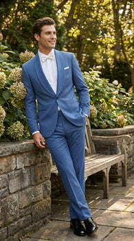 Men's Sky Blue Tuxedo Suit with Shawl Lapel, Formal Wedding and Prom Dinner Jacket Set - Steel Blue Color - Image 9