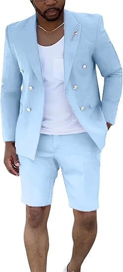Mens Suits With Shorts - Double breasted Style Sky Blue With Gold Buttons