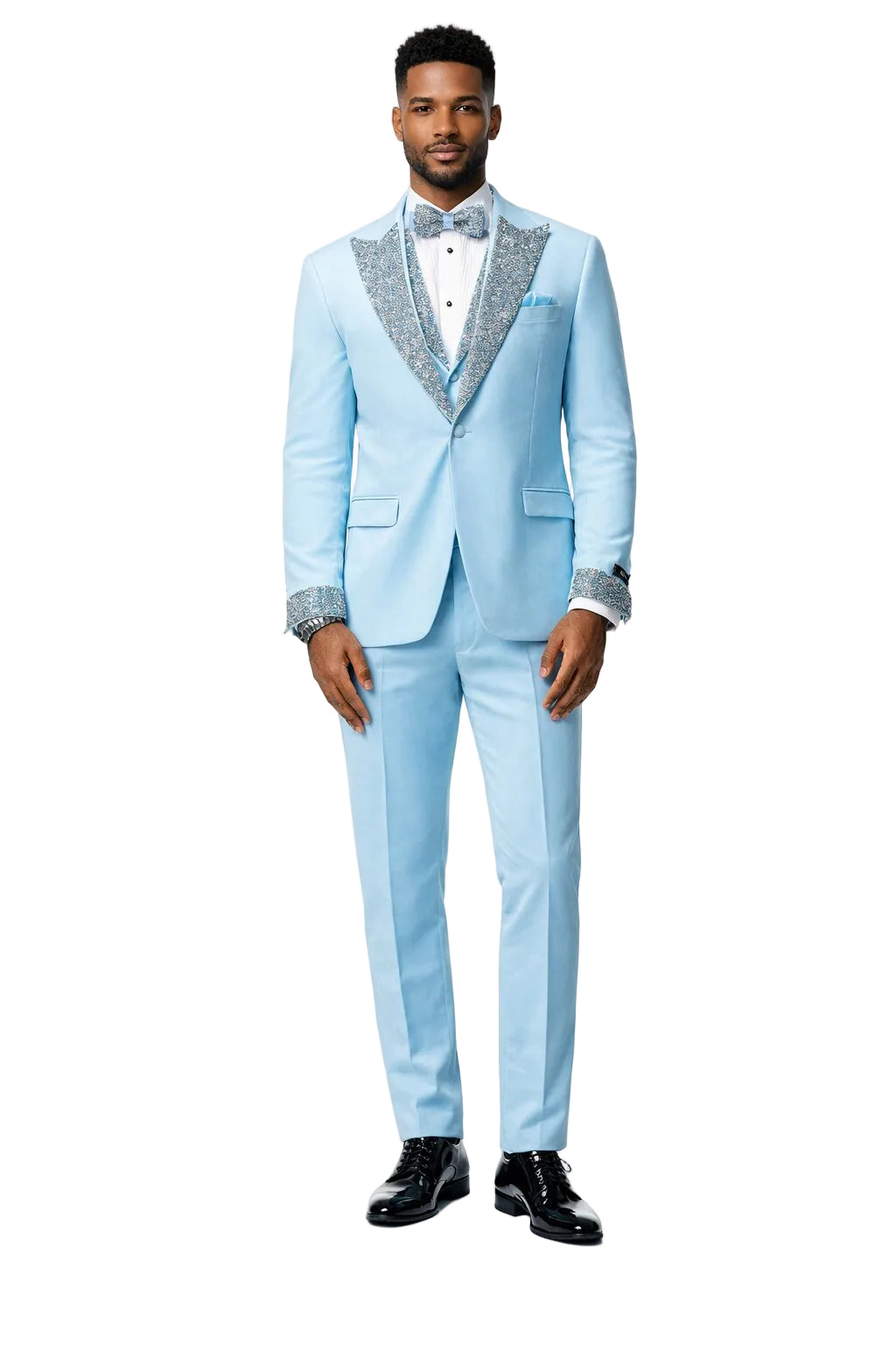 Sky Blue Prom Tuxedo - Perfect Wedding Suit Vested Rhinestone Sequin Lapelled Sky Blue / 52 Long Jacket+46 Waist Adjust 42 to 48)(Height:6"-6.4")(Neck Sky Blue Prom Tuxedo - Perfect Wedding Suit Vested Rhinestone Sequin Lapelled Sky Blue / 52 Long Jacket+46 Waist Adjust 42 to 48)(Height:6"-6.4")(Neck