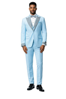 Sky Blue Prom Tuxedo - Perfect Wedding Suit Vested Rhinestone sequin Lapelled