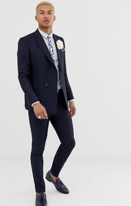 Slim Fit Double Breasted suit 4 buttons Style Comes In Black Or Charcoal Plaid or Navy or Indigo Pla