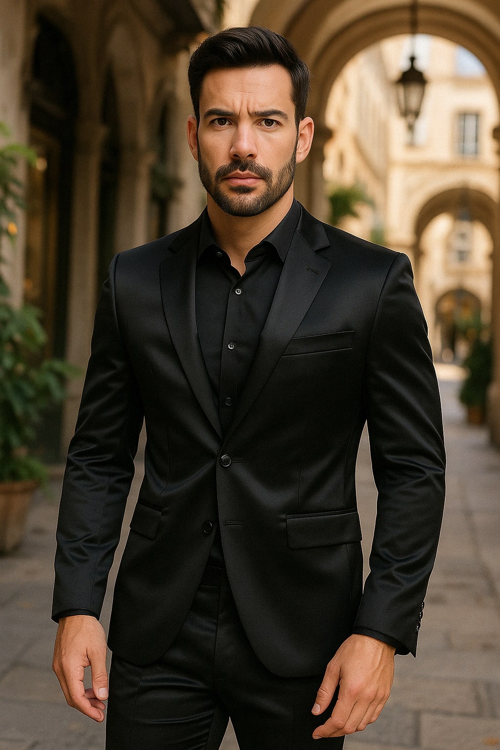 Black Satin Flex Two-Piece Suit – Slim Fit Sport Coat and Matching Pants - Image 3