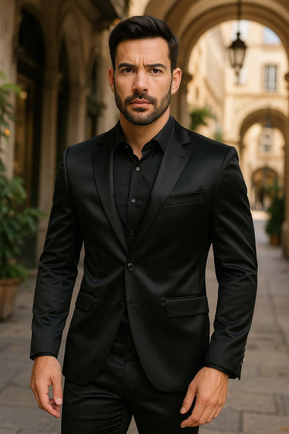 Black Satin Flex Two-Piece Suit – Slim Fit Sport Coat and Matching Pants - Image 3