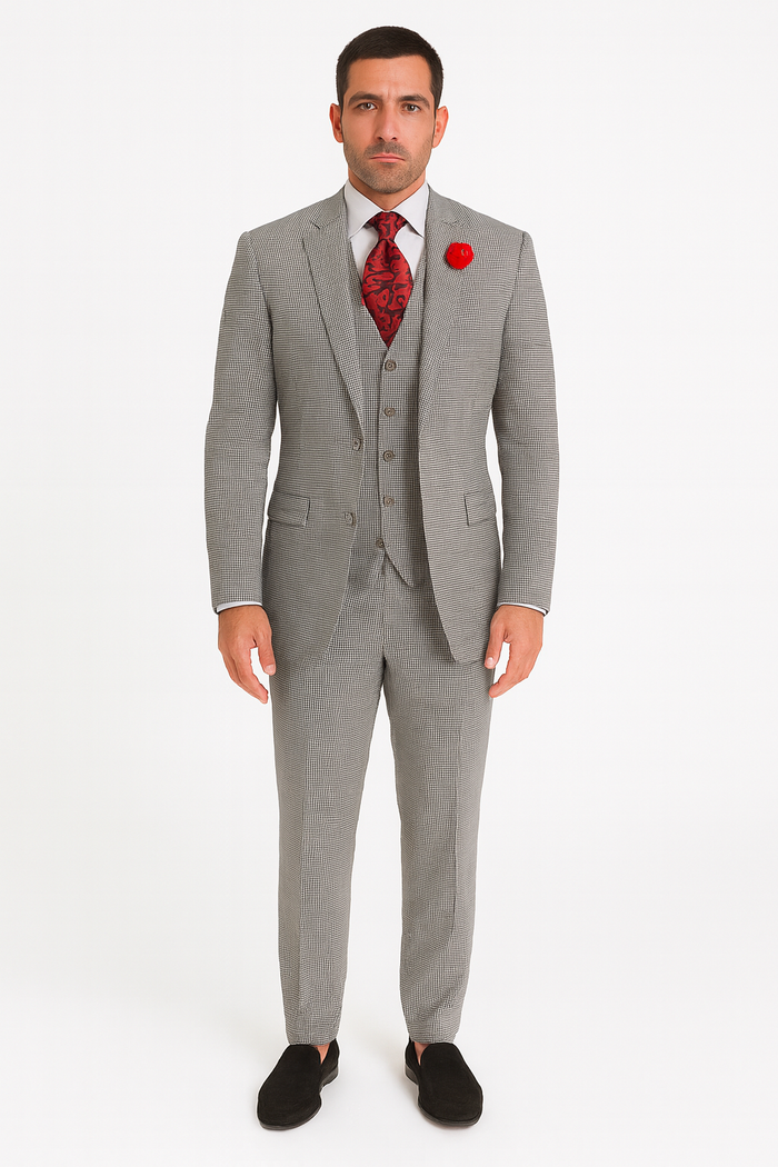 Slim Fit Suits Black/White Houndstooth Tweed Vested 3 Piece Suit 2 Button Side Vented Flat Front