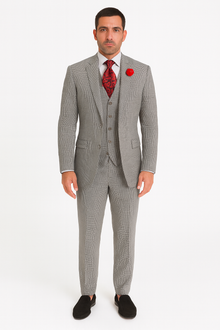 Slim Fit Suits Black/White Houndstooth Tweed Vested 3 Piece Suit 2 Button Side Vented Flat Front