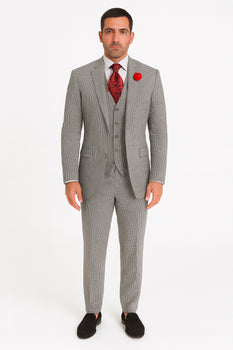 Slim Fit Suits Black/White Houndstooth Tweed Vested 3 Piece Suit 2 Button Side Vented Flat Front