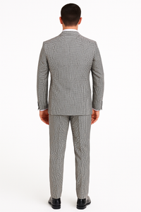 Slim Fit Suits Black/White Houndstooth Tweed Vested 3 Piece Suit 2 Button Side Vented Flat Front