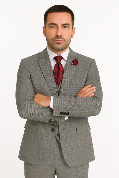 Slim Fit Suits Black/White Houndstooth Tweed Vested 3 Piece Suit 2 Button Side Vented Flat Front