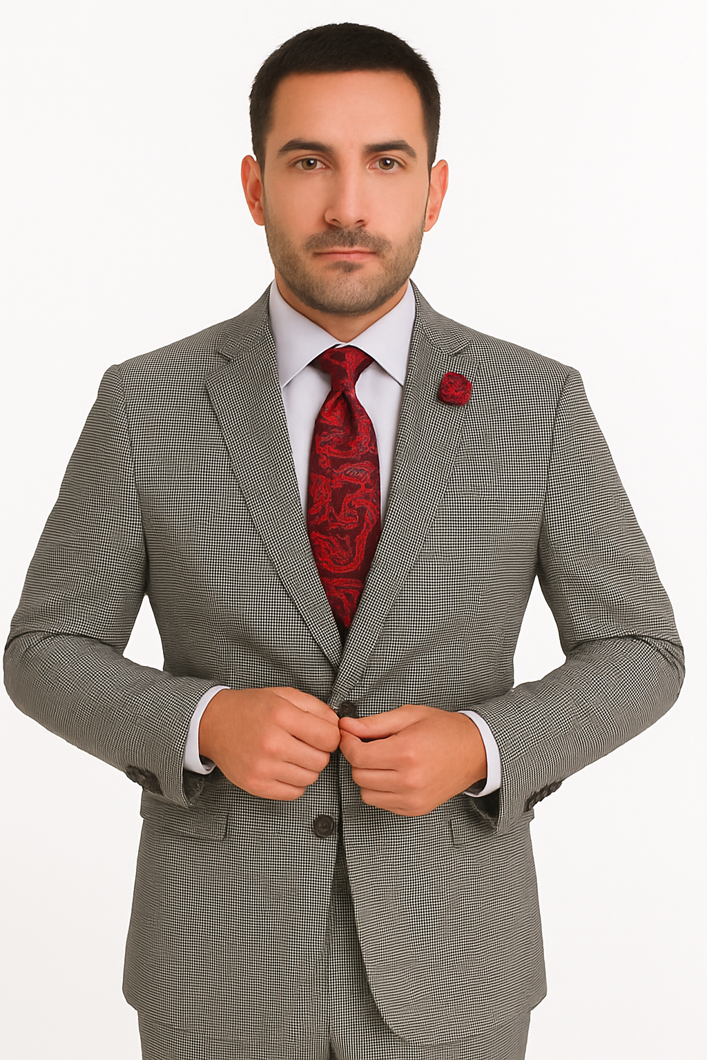 Slim Fit Suits Black/White Houndstooth Tweed Vested 3 Piece Suit 2 Button Side Vented Flat Front