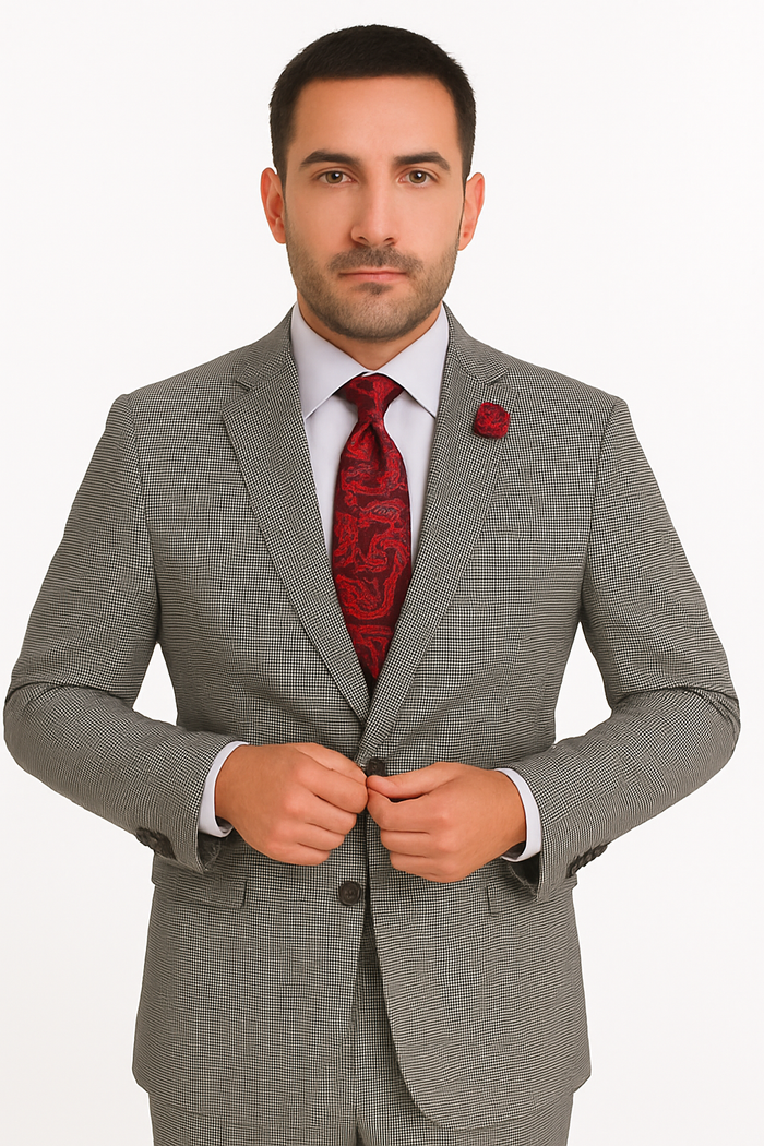 Slim Fit Suits Black/White Houndstooth Tweed Vested 3 Piece Suit 2 Button Side Vented Flat Front