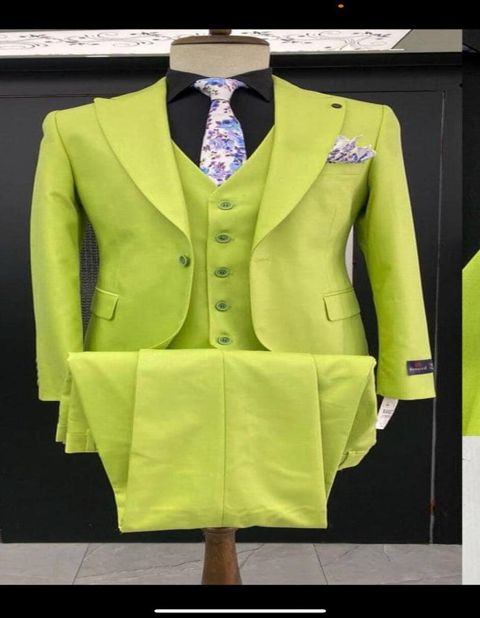 Men's Lime Green Three-Piece Suit with Floral Tie – Slim Fit Tuxedo for Weddings & Parties - Image 5
