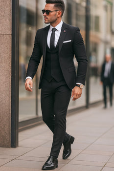 Slim Fit 2 button Black Suit With Double Breasted Vest Black / Suit + Skinny Black Tie / 10.5 Slim Fit 2 button Black Suit With Double Breasted Vest Black / Suit + Skinny Black Tie / 10.5