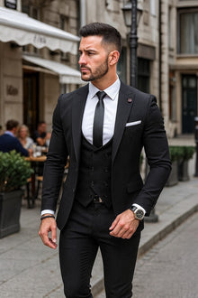 Slim Fit 2 button Black Suit With Double Breasted Vest White Shirt & Black tie  Men's Dress Shirt