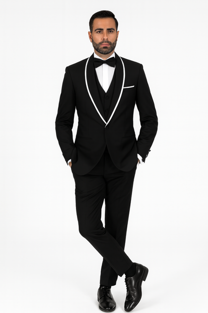 Men's Trimmed Shawl Lapel Blazer Dinner Jacket Black Vested Sport Coat - Image 8