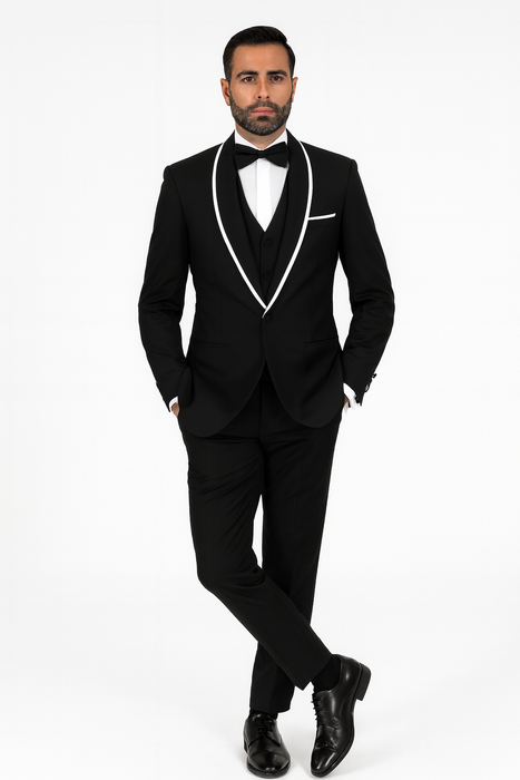 Men's Trimmed Shawl Lapel Blazer Dinner Jacket Black Vested Sport Coat