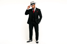 Small Jet Black Pinstripe Fashion Suit Party Fashion Cheap Priced Business Suits Clearance Sale Super 120's  poly~ray Available in 2 or 3 Buttons Style Regular Classic Cut