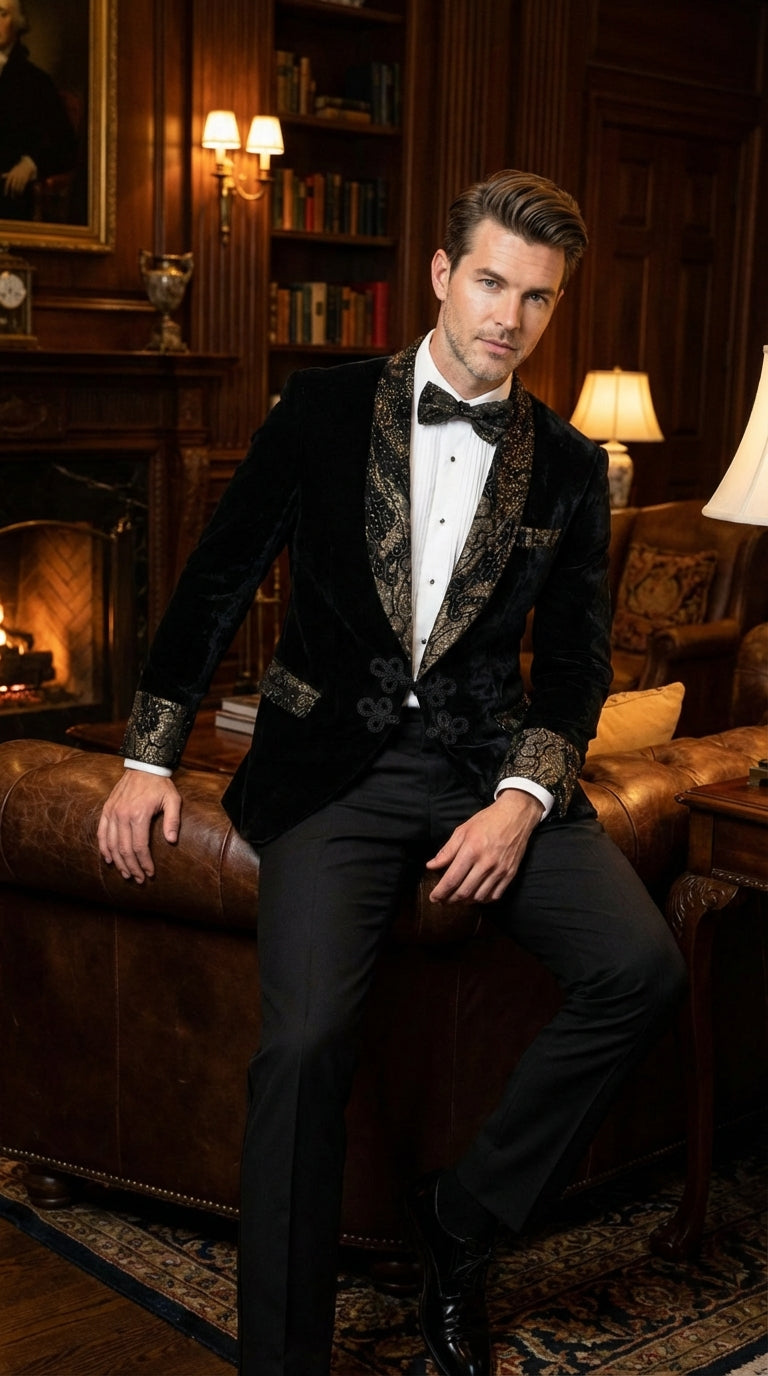 Smoking Jacket  Black and Gold Embroidered Tuxedo Blazer