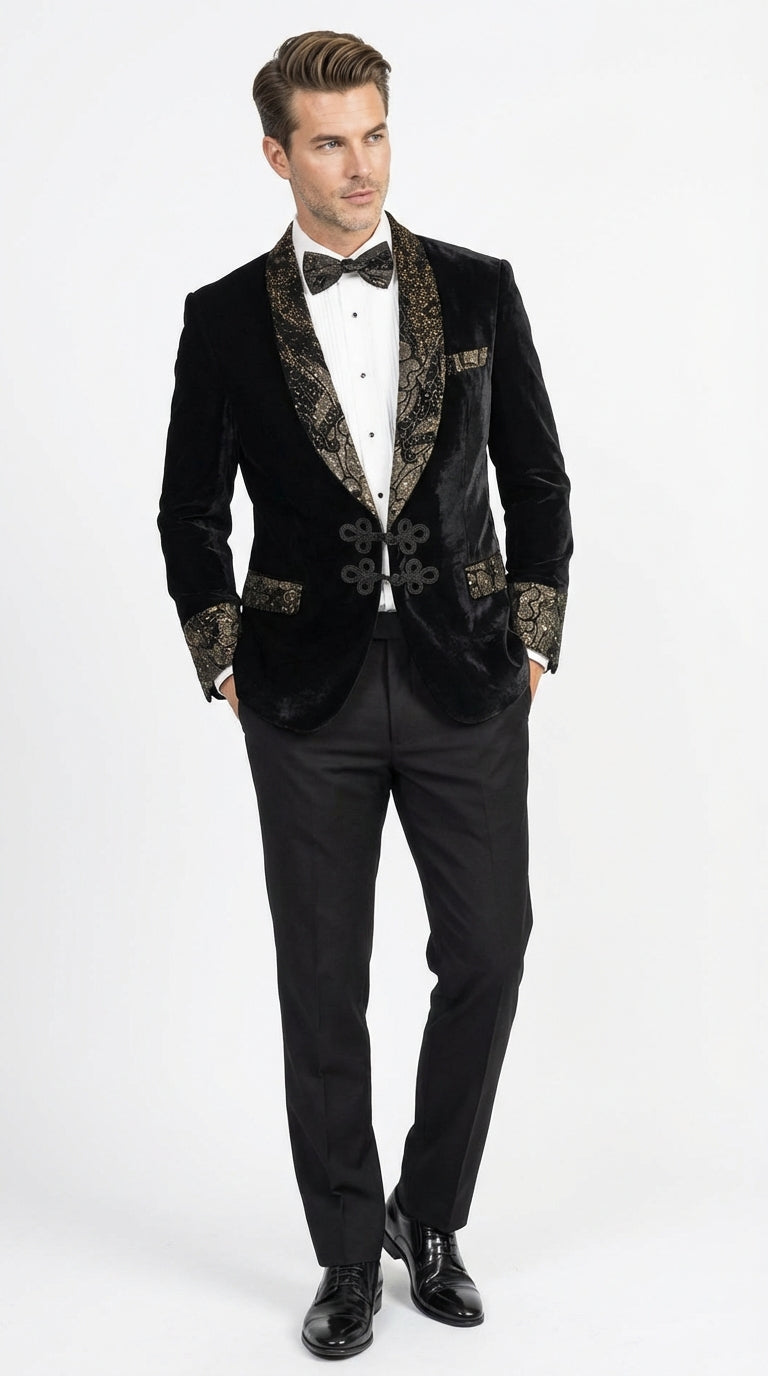 Smoking Jacket  Black and Gold Embroidered Tuxedo Blazer
