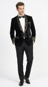 Smoking Jacket  Black and Gold Embroidered Tuxedo Blazer