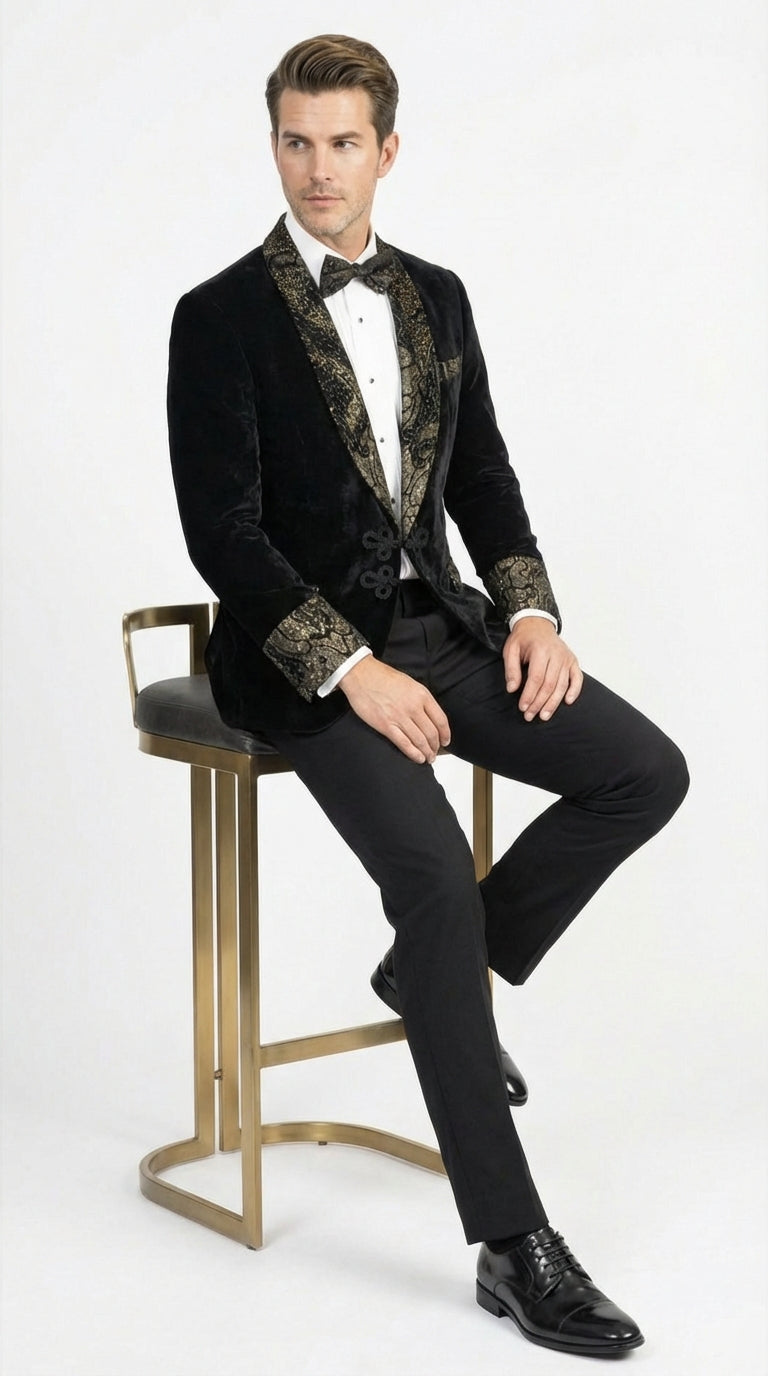 Smoking Jacket  Black and Gold Embroidered Tuxedo Blazer