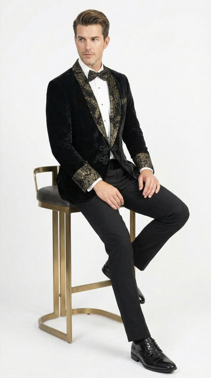 Smoking Jacket  Black and Gold Embroidered Tuxedo Blazer