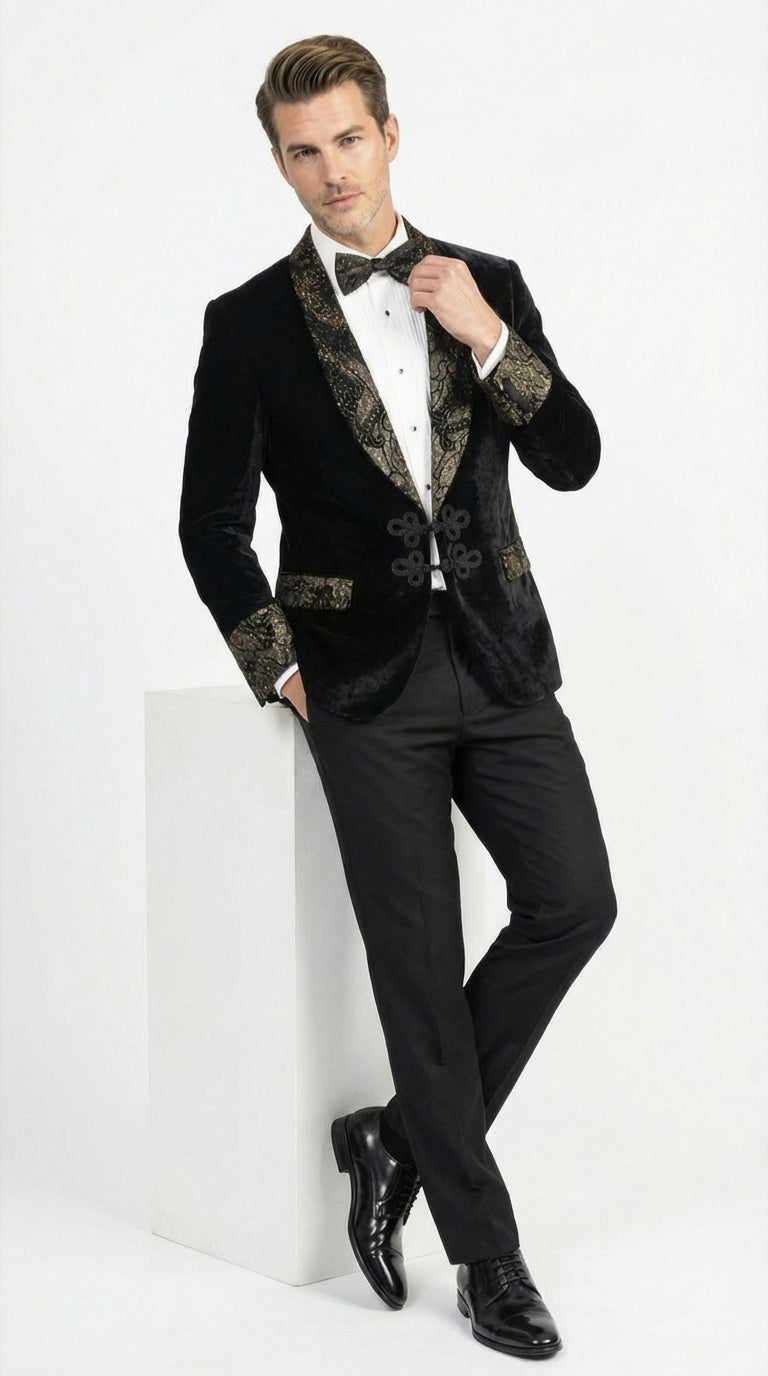 Smoking Jacket  Black and Gold Embroidered Tuxedo Blazer