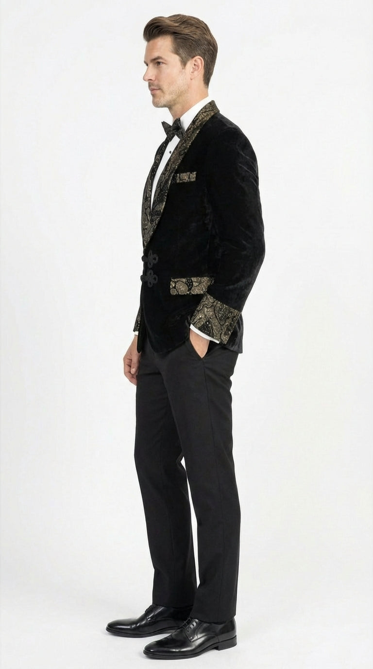 Smoking Jacket  Black and Gold Embroidered Tuxedo Blazer