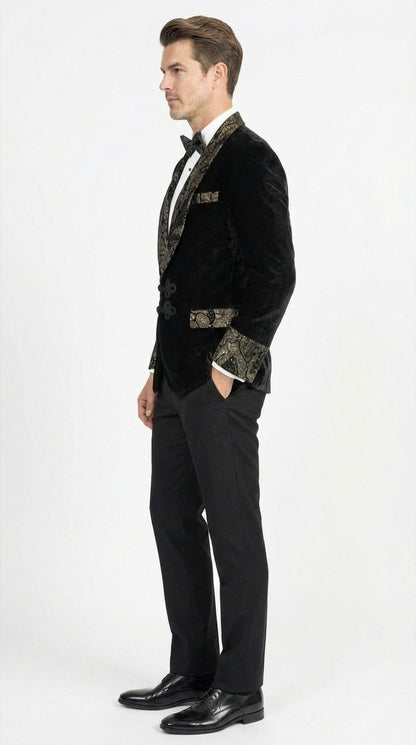 Smoking Jacket  Black and Gold Embroidered Tuxedo Blazer