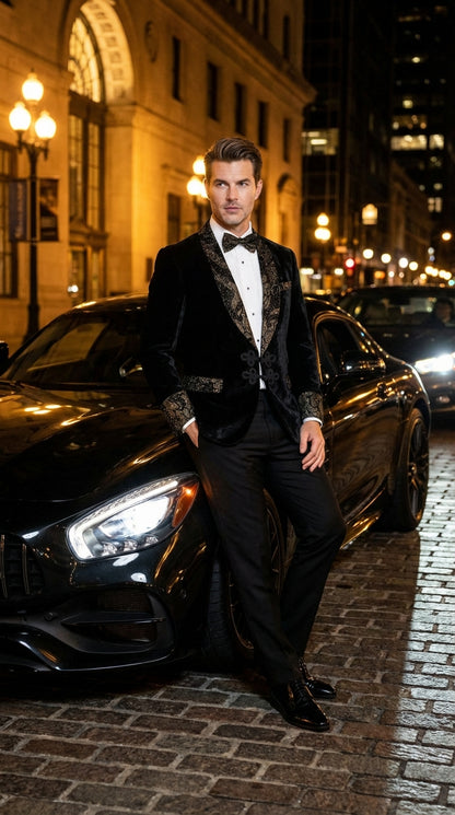 Smoking Jacket  Black and Gold Embroidered Tuxedo Blazer
