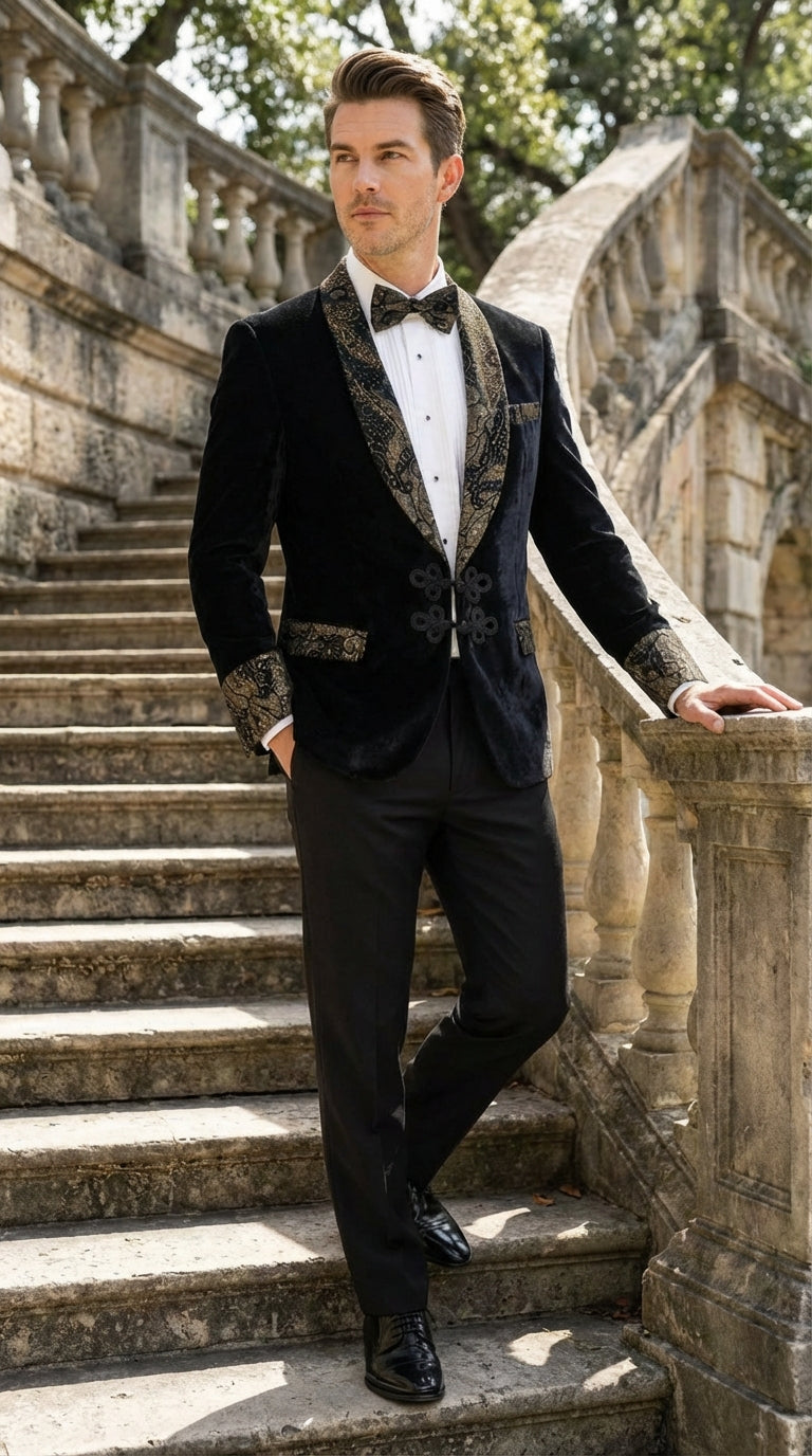 Smoking Jacket  Black and Gold Embroidered Tuxedo Blazer