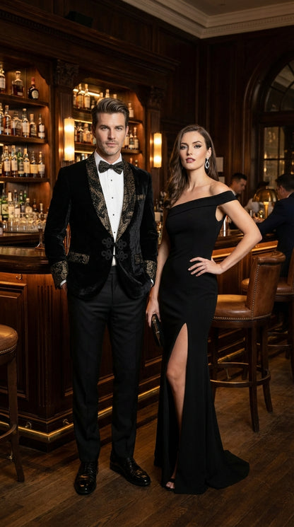 Smoking Jacket  Black and Gold Embroidered Tuxedo Blazer