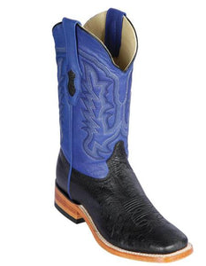Leather Sole Los Altos Boots Smooth Ostrich Square Toe Cowboy Boots Black/Blue - Botas De Avestruz