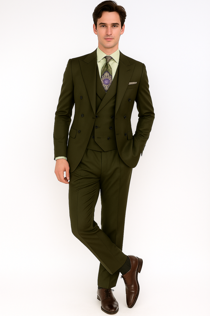 Classic Wool Fabric Fit - Pleated Pants - Peak Lapel With Double Breasted Vest - Athletic Fit Solid Olive Mens Suit - Image 2
