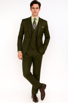 Classic Wool Fabric Fit - Pleated Pants - Peak Lapel With Double Breasted Vest - Athletic Fit Solid Olive Mens Suit - Image 2