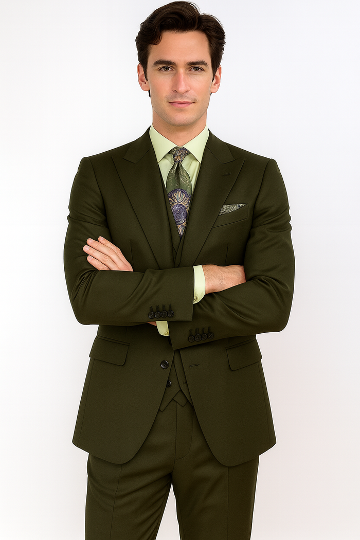 Classic Wool Fabric Fit - Pleated Pants - Peak Lapel With Double Breasted Vest - Athletic Fit Solid Olive Mens Suit - Image 7