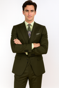 Classic Wool Fabric Fit - Pleated Pants - Peak Lapel With Double Breasted Vest - Athletic Fit Solid Olive Mens Suit