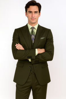Classic Wool Fabric Fit - Pleated Pants - Peak Lapel With Double Breasted Vest - Athletic Fit Solid Olive Mens Suit - Image 7