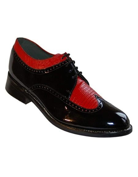 Stacy Baldwin Men's Wide Eee Width Wingtips Two Toned Dress All Leather 1920's Gangster Vintage Style Oxfords Black and Red