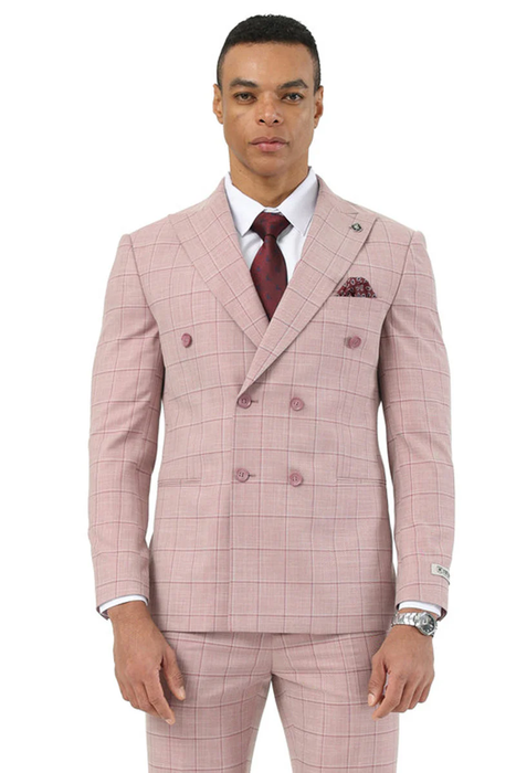 Mens Stacy Adams Double Breasted Summer Suit in Pink Windowpane Plaid