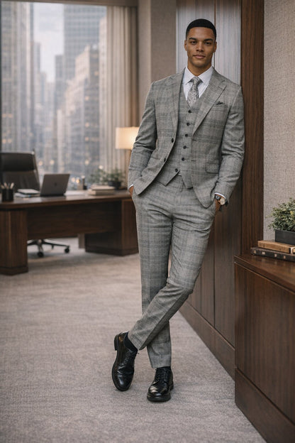 Stacy Adams Men's 3 Piece Glen Plaid Suit - Hybrid Fit Modern Fit