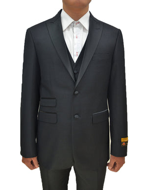 Mens 2 Buttons Peak Lapel Vested Prom Tuxedo in Black Black Prom Tuxedos