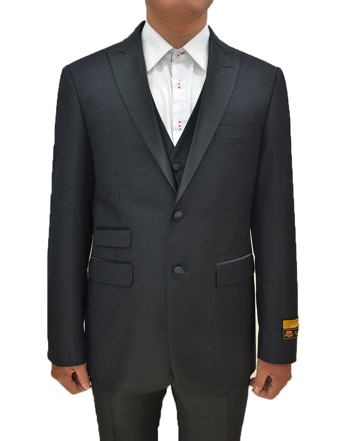 Mens 2 Buttons Peak Lapel Vested Prom Tuxedo in Black Black Prom Tuxedos